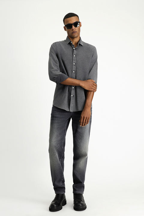 Orta Antrasit Uzun Kol Regular Fit Çizgili Pamuk Gömlek