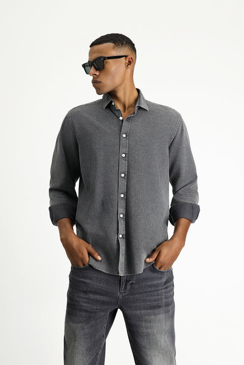 Orta Antrasit Uzun Kol Regular Fit Çizgili Pamuk Gömlek