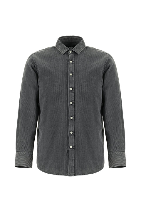 Orta Antrasit Uzun Kol Regular Fit Çizgili Pamuk Gömlek