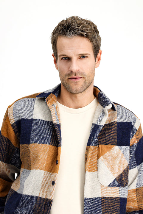 Açık Kahve  Uzun Kol Oversize Ekose Shacket Oduncu Pamuklu Gömlek / Mont