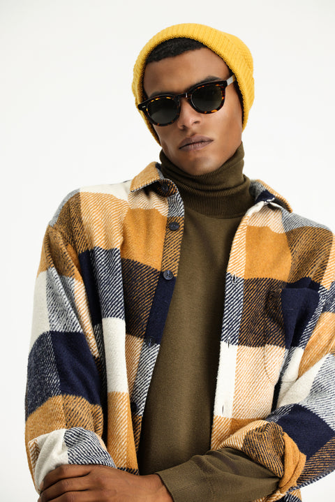 Açık Kahve  Uzun Kol Oversize Ekose Shacket Oduncu Pamuklu Gömlek / Mont