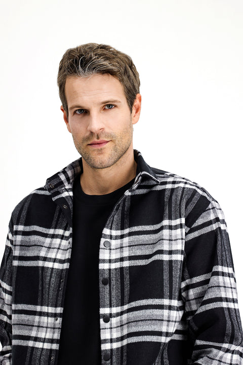 Siyah Uzun Kol Oversize Ekose Shacket Oduncu Pamuklu Gömlek / Mont