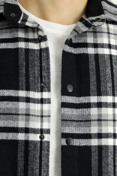 Siyah Uzun Kol Oversize Ekose Shacket Oduncu Pamuklu Gömlek / Mont