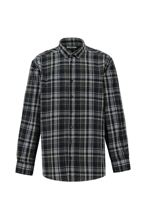 Black Long Sleeve Regular Fit Plaid Button-Down Collar Cotton Shirt
