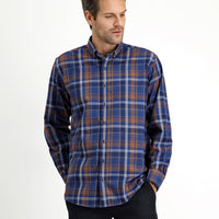 Orta Lacivert Uzun Kol Regular Fit Ekose Düğmeli Yaka Pamuklu Gömlek