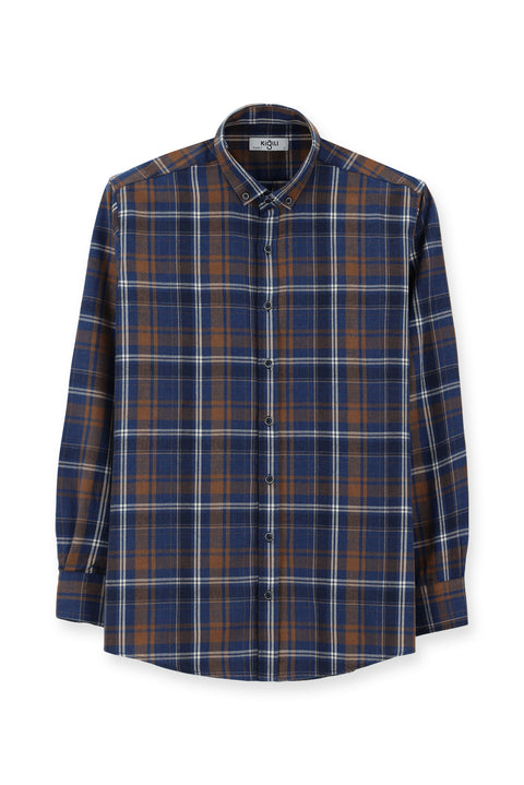 Orta Lacivert Uzun Kol Regular Fit Ekose Düğmeli Yaka Pamuklu Gömlek