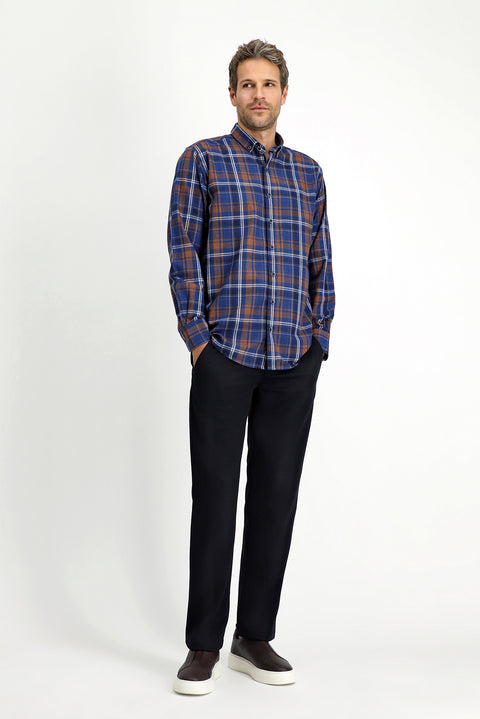 Orta Lacivert Uzun Kol Regular Fit Ekose Düğmeli Yaka Pamuklu Gömlek