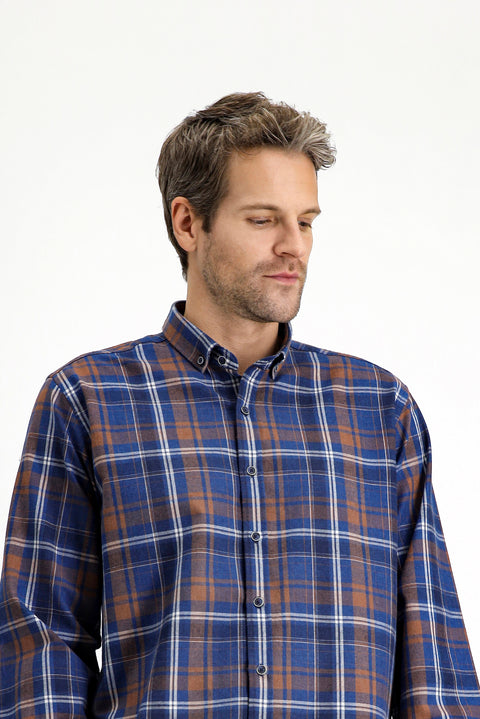 Orta Lacivert Uzun Kol Regular Fit Ekose Düğmeli Yaka Pamuklu Gömlek