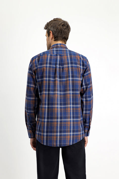 Orta Lacivert Uzun Kol Regular Fit Ekose Düğmeli Yaka Pamuklu Gömlek