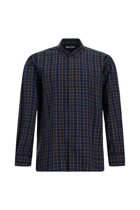 Orta Lacivert Uzun Kol Regular Fit Oduncu Ekose Düğmeli Yaka Pamuklu Gömlek
