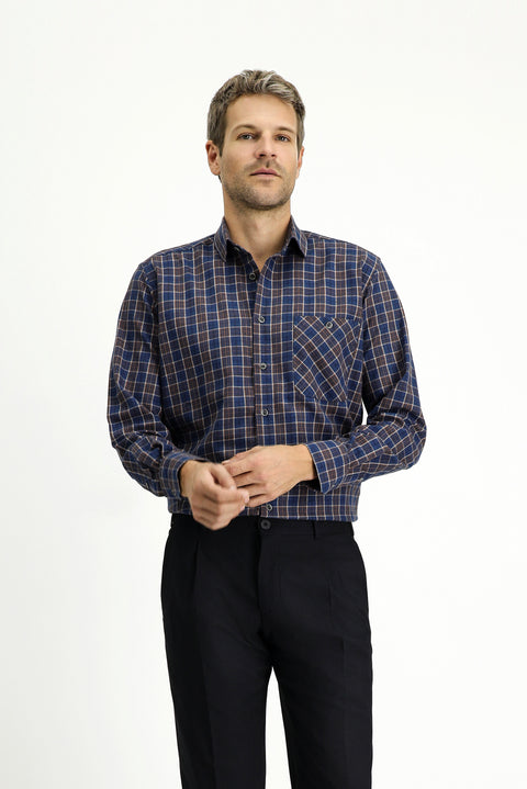 Orta Lacivert Uzun Kol Regular Fit Spor Ekose Pamuklu Gömlek