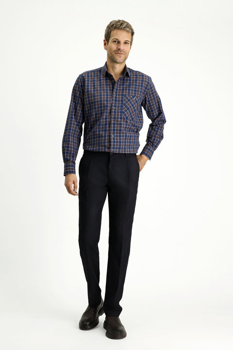 Orta Lacivert Uzun Kol Regular Fit Spor Ekose Pamuklu Gömlek