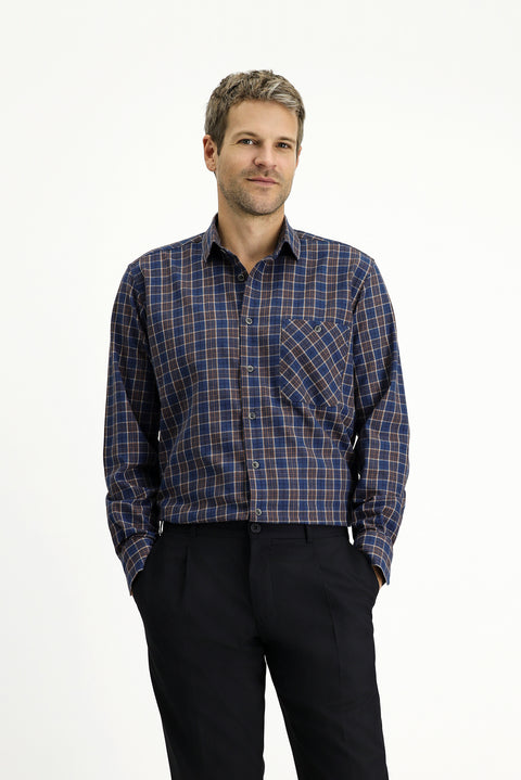 Orta Lacivert Uzun Kol Regular Fit Spor Ekose Pamuklu Gömlek