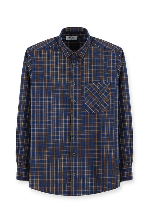 Orta Lacivert Uzun Kol Regular Fit Spor Ekose Pamuklu Gömlek