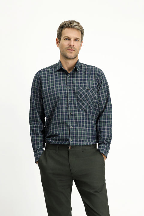 Koyu Yeşil Uzun Kol Regular Fit Spor Ekose Pamuklu Gömlek