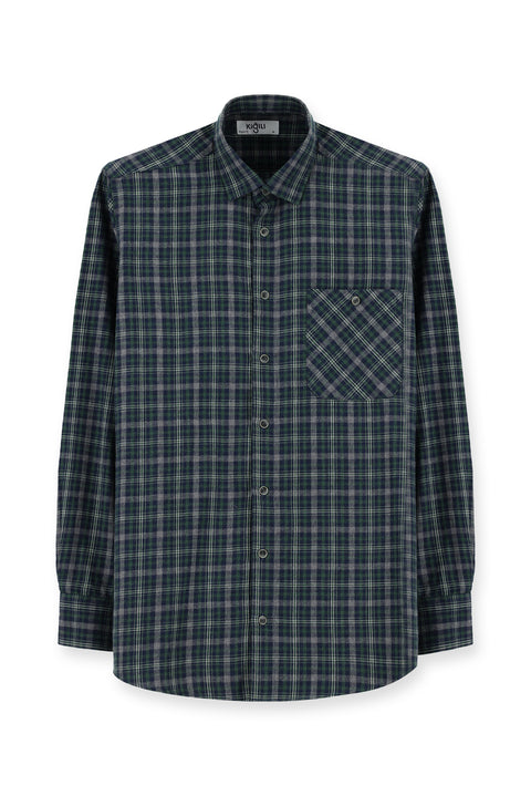 Koyu Yeşil Uzun Kol Regular Fit Spor Ekose Pamuklu Gömlek