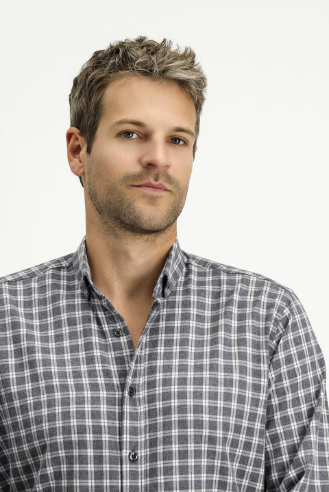 Orta Gri Uzun Kol Regular Fit Spor Ekose Pamuklu Oduncu Düğmeli Yaka Gömlek