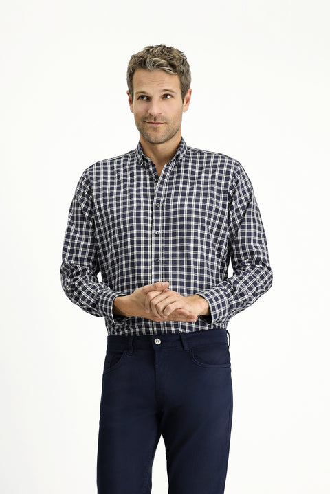 Orta Lacivert Uzun Kol Regular Fit Spor Ekose Pamuklu Oduncu Düğmeli Yaka Gömlek