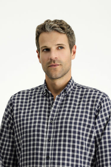 Orta Lacivert Uzun Kol Regular Fit Spor Ekose Pamuklu Oduncu Düğmeli Yaka Gömlek