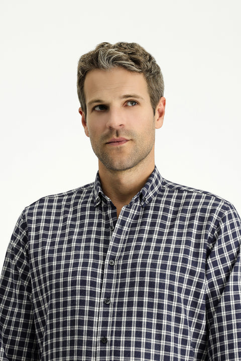 Orta Lacivert Uzun Kol Regular Fit Spor Ekose Pamuklu Oduncu Düğmeli Yaka Gömlek