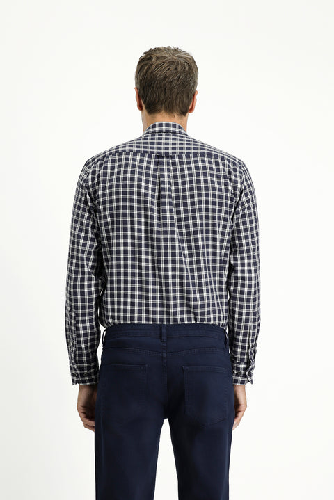 Orta Lacivert Uzun Kol Regular Fit Spor Ekose Pamuklu Oduncu Düğmeli Yaka Gömlek