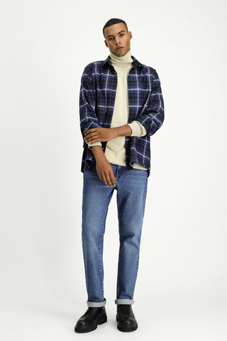  Koyu Lacivert Uzun Kol Regular Fit Shacket Oduncu Ekose Pamuk Gömlek