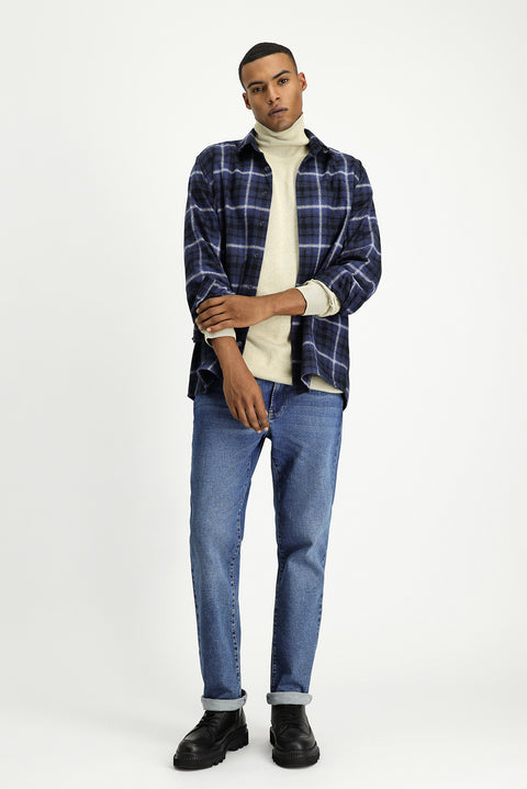 Koyu Lacivert Uzun Kol Regular Fit Shacket Oduncu Ekose Pamuk Gömlek