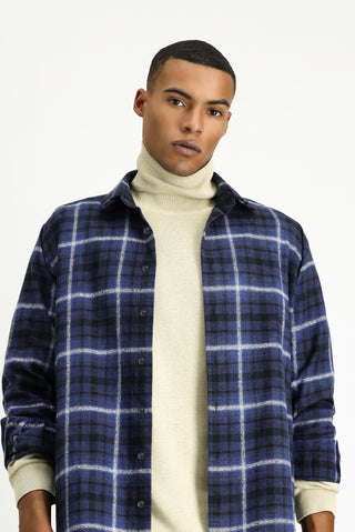  Koyu Lacivert Uzun Kol Regular Fit Shacket Oduncu Ekose Pamuk Gömlek