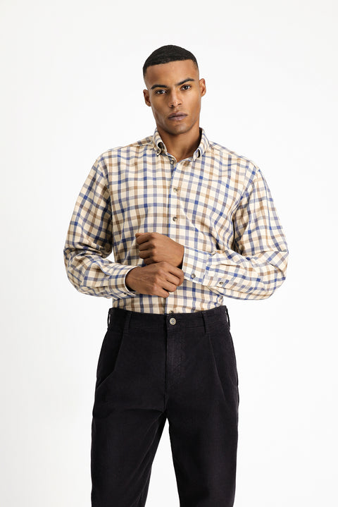 Açık Bej Uzun Kol Regular Fit Ekose Spor Pamuk Düğmeli Yaka Gömlek