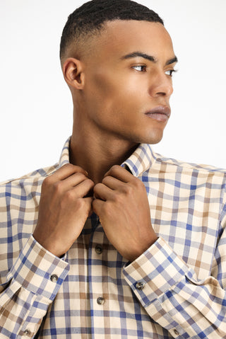  Açık Bej Uzun Kol Regular Fit Ekose Spor Pamuk Düğmeli Yaka Gömlek