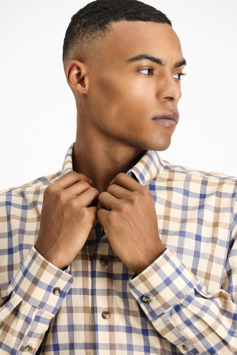 Açık Bej Uzun Kol Regular Fit Ekose Spor Pamuk Düğmeli Yaka Gömlek