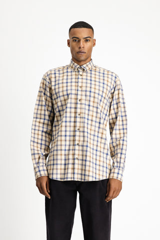  Açık Bej Uzun Kol Regular Fit Ekose Spor Pamuk Düğmeli Yaka Gömlek