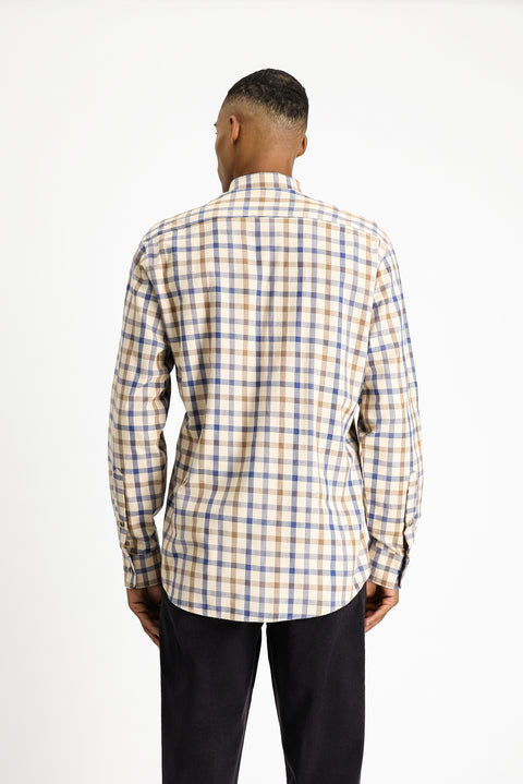 Açık Bej Uzun Kol Regular Fit Ekose Spor Pamuk Düğmeli Yaka Gömlek