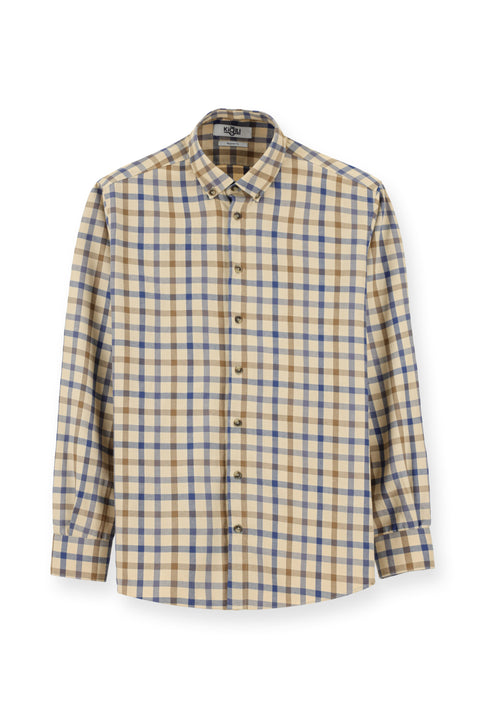 Açık Bej Uzun Kol Regular Fit Ekose Spor Pamuk Düğmeli Yaka Gömlek