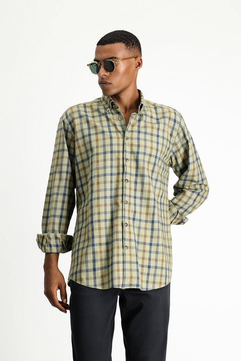 Açık Haki Uzun Kol Regular Fit Ekose Spor Pamuk Düğmeli Yaka Gömlek