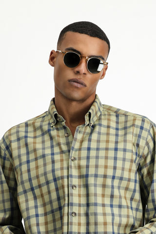  Açık Haki Uzun Kol Regular Fit Ekose Spor Pamuk Düğmeli Yaka Gömlek