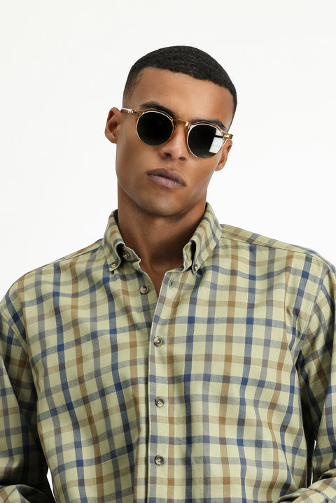 Açık Haki Uzun Kol Regular Fit Ekose Spor Pamuk Düğmeli Yaka Gömlek