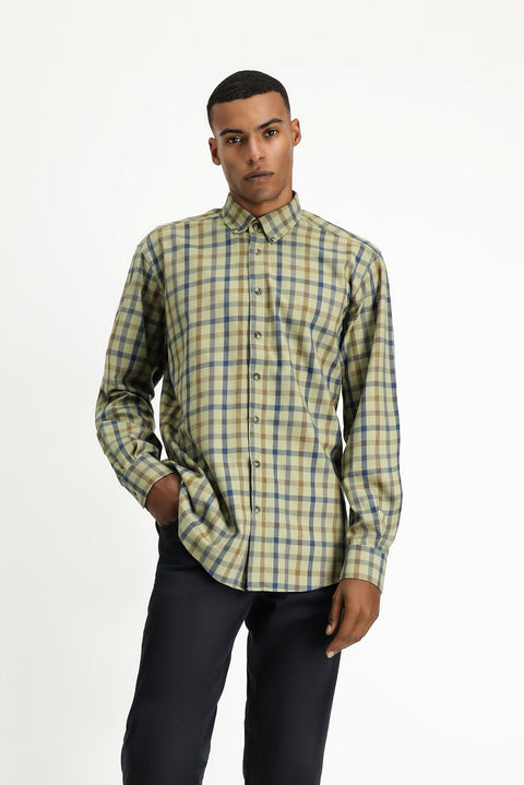 Açık Haki Uzun Kol Regular Fit Ekose Spor Pamuk Düğmeli Yaka Gömlek