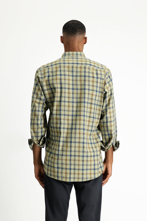 Açık Haki Uzun Kol Regular Fit Ekose Spor Pamuk Düğmeli Yaka Gömlek