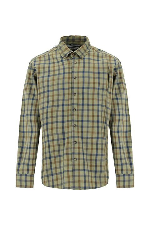 Açık Haki Uzun Kol Regular Fit Ekose Spor Pamuk Düğmeli Yaka Gömlek