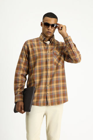  Açık Kahve  Uzun Kol Regular Fit Ekose Spor Pamuk Düğmeli Yaka Gömlek