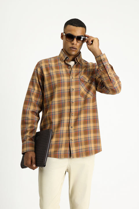 Açık Kahve  Uzun Kol Regular Fit Ekose Spor Pamuk Düğmeli Yaka Gömlek