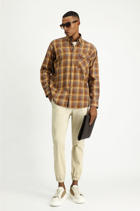 Açık Kahve  Uzun Kol Regular Fit Ekose Spor Pamuk Düğmeli Yaka Gömlek