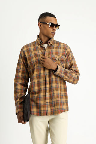  Açık Kahve  Uzun Kol Regular Fit Ekose Spor Pamuk Düğmeli Yaka Gömlek