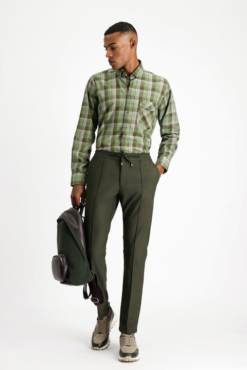 Açık Haki Uzun Kol Regular Fit Ekose Spor Pamuk Düğmeli Yaka Gömlek