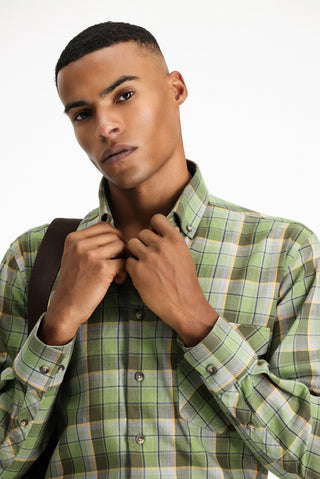  Açık Haki Uzun Kol Regular Fit Ekose Spor Pamuk Düğmeli Yaka Gömlek