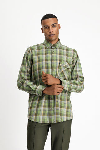  Açık Haki Uzun Kol Regular Fit Ekose Spor Pamuk Düğmeli Yaka Gömlek