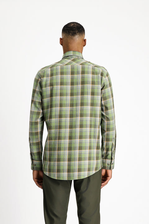 Açık Haki Uzun Kol Regular Fit Ekose Spor Pamuk Düğmeli Yaka Gömlek