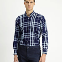 Koyu Lacivert Uzun Kol Regular Fit Ekose Spor Düğmeli Yaka Pamuk Gömlek