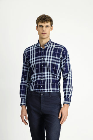  Koyu Lacivert Uzun Kol Regular Fit Ekose Spor Düğmeli Yaka Pamuk Gömlek